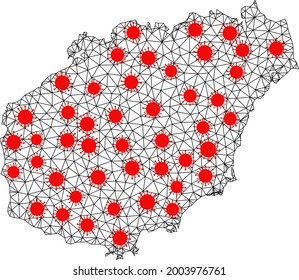 Wire frame polygonal map of Hainan Island under outbreak. Vector model is created from map of Hainan Island with red coronavirus elements. Lines and viruses are combined into map of Hainan Island.