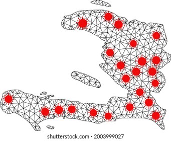 Wire frame polygonal map of Haiti under lockdown. Vector model is created from map of Haiti with red covid nodes. Lines and viruses form map of Haiti. Wire frame 2D polygonal mesh in vector format.