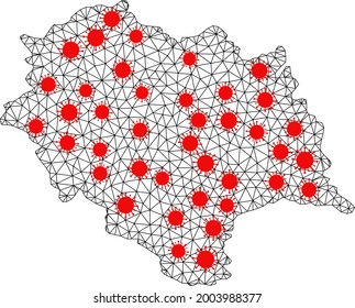 Vieleckige Karte des Bundesstaates Himachal Pradesh mit Drahtrahmen unter Infektion. Vektorstruktur wird aus Karte des Bundesstaates Himachal Pradesh mit roten Infektionszentren erstellt.
