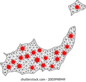 Wire frame polygonal map of Inagua Islands under infection. Vector model is created from map of Inagua Islands with red coronavirus items. Lines and viruses are combined into map of Inagua Islands.