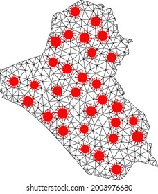 Wire frame polygonal map of Iraq under infection. Vector structure is created from map of Iraq with red covid nodes. Lines and viruses are combined into map of Iraq.