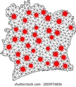 Drahtrahmen-Polygonalkarte von Côte d'Ivoire unter Ausbruch. Vektormodell wird aus Karte der Elfenbeinküste mit roten Covidcentern erstellt. Linien und Viren werden zu einer Karte von Côte d'Ivoire zusammengefasst.