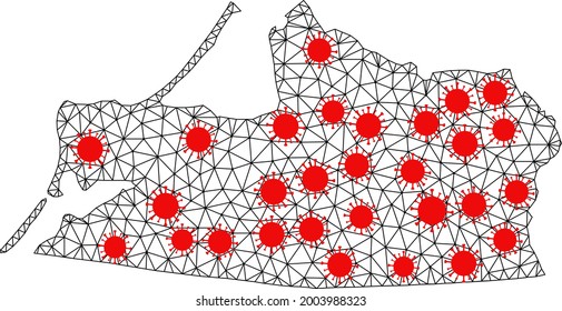 Wire frame polygonal map of Kaliningrad Region under lockdown. Vector model is created from map of Kaliningrad Region with red coronavirus nodes. Lines and viruses form map of Kaliningrad Region.