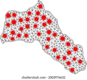 Wire frame polygonal map of Kurdistan under lockdown. Vector model is created from map of Kurdistan with red virus centers. Lines and viruses are combined into map of Kurdistan.