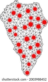 Wire frame polygonal map of La Palma Island under outbreak. Vector structure is created from map of La Palma Island with red infection nodes. Lines and viruses form map of La Palma Island.