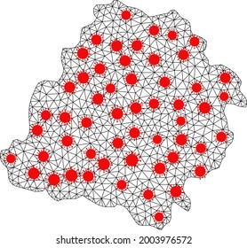 Wire frame polygonal map of Lodz Province under lockdown. Vector structure is created from map of Lodz Province with red infectious elements. Lines and viruses form map of Lodz Province.