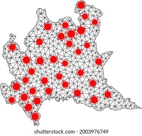 Wire frame polygonal map of Lombardy region under infection. Vector model is created from map of Lombardy region with red virus elements. Lines and viruses are combined into map of Lombardy region.