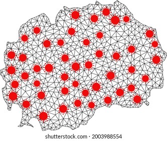Wire frame polygonal map of Macedonia under infection. Vector structure is created from map of Macedonia with red coronavirus items. Lines and viruses form map of Macedonia.