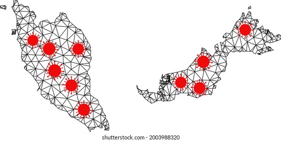Wire frame polygonal map of Malaysia under lockdown. Vector structure is created from map of Malaysia with red covid items. Lines and viruses are combined into map of Malaysia.