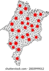 Wire frame polygonal map of Maranhao State under infection. Vector model is created from map of Maranhao State with red virus elements. Lines and viruses form map of Maranhao State.