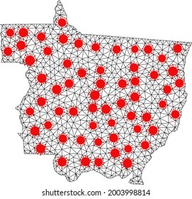 Wire frame polygonal map of Mato Grosso State under lockdown. Vector model is created from map of Mato Grosso State with red virus elements.