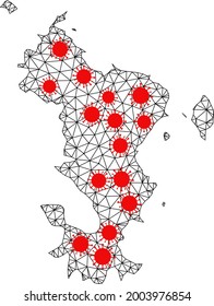 Mapa poligonal de armazón de alambre de las Islas Mayotte bajo bloqueo. La estructura vectorial se crea a partir del mapa de las Islas Mayotte con los ítems del virus rojo. Las líneas y los virus se combinan en el mapa de las islas Mayotte.