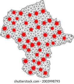 Wire frame polygonal map of Mazovia Province under lockdown. Vector structure is created from map of Mazovia Province with red covid items. Lines and viruses are combined into map of Mazovia Province.