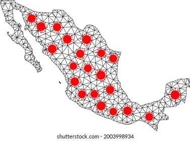 Wire frame polygonal map of Mexico under outbreak. Vector structure is created from map of Mexico with red covid elements. Lines and viruses form map of Mexico.