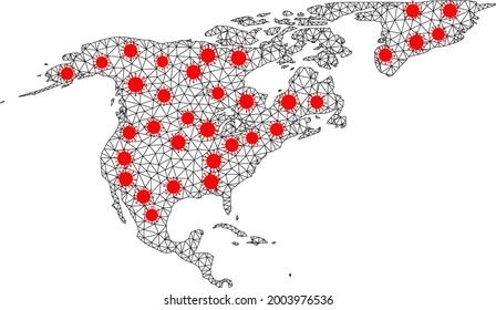 Wire frame polygonal map of North America and Greenland under lockdown. Vector structure is created from map of North America and Greenland with red covid centers.