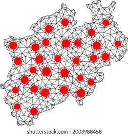 Wire frame polygonal map of North Rhine-Westphalia State under lockdown. Vector structure is created from map of North Rhine-Westphalia State with red virus elements.