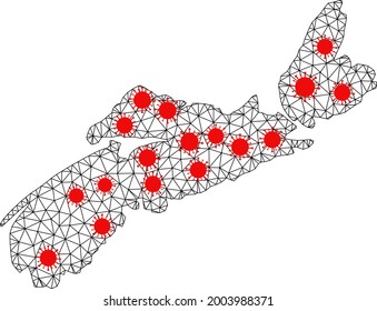 Wire frame polygonal map of Nova Scotia Province under infection. Vector structure is created from map of Nova Scotia Province with red infection items.