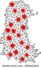 Mehrzweckkarte der Provinz Palencia unter Absperrung. Die Vektorstruktur wird aus der Karte der Provinz Palencia mit roten Viruszentren erstellt. Linien und Viren bilden eine Karte der Provinz Palencia.