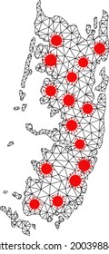 Wire frame polygonal map of Pemba island under outbreak. Vector model is created from map of Pemba island with red infection items. Lines and viruses form map of Pemba island.