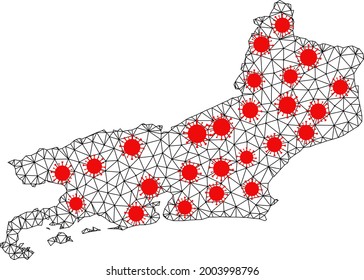 Wire frame polygonal map of Piaui State under outbreak. Vector model is created from map of Piaui State with red infection centers. Lines and viruses form map of Piaui State.