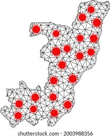 Wire frame polygonal map of Republic of the Congo under lockdown. Vector structure is created from map of Republic of the Congo with red virus items.