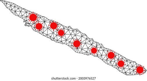 Drahtrahmen-Polygonal-Karte von Sao Jorge Island unter Ausbruch. Die Vektorstruktur wird aus der Karte von Sao Jorge Island mit roten, gemalten Elementen erstellt. Linien und Viren bilden eine Karte der Insel São Jorge.