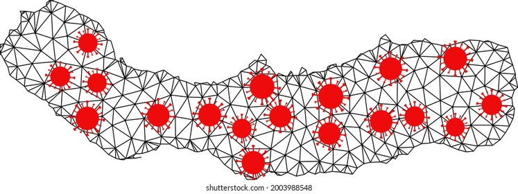 Wire frame polygonal map of Sao Miguel Island under outbreak. Vector structure is created from map of Sao Miguel Island with red covid centers. Lines and viruses form map of Sao Miguel Island.
