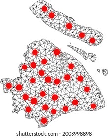 Wire frame polygonal map of Shanghai Municipality under lockdown. Vector model is created from map of Shanghai Municipality with red infection items.
