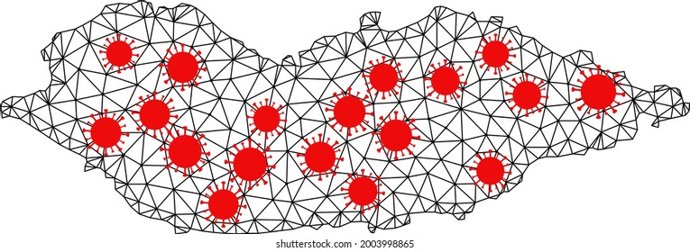 Wire frame polygonal map of Socotra Island under infection. Vector model is created from map of Socotra Island with red coronavirus centers. Lines and viruses form map of Socotra Island.