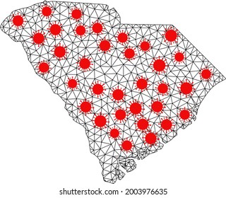 Wire frame polygonal map of South Carolina State under lockdown. Vector model is created from map of South Carolina State with red infection elements.