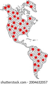 Vielseitige Karte mit Drahtrahmen von Süd- und Nordamerika unter Abschaltung. Vektormodell wird aus der Karte von Süd- und Nordamerika mit roten Coronavirus-Elementen erstellt.