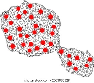 Wire frame polygonal map of Tahiti Island under infection. Vector model is created from map of Tahiti Island with red infection nodes. Lines and viruses are combined into map of Tahiti Island.