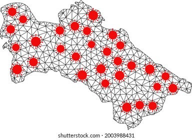 Wire frame polygonal map of Turkmenistan under outbreak. Vector model is created from map of Turkmenistan with red infectious centers. Lines and viruses form map of Turkmenistan.