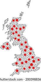 Wire frame polygonal map of United Kingdom under lockdown. Vector model is created from map of United Kingdom with red infectious centers. Lines and viruses form map of United Kingdom.
