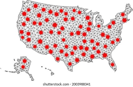 Wire frame polygonal map of USA territories under outbreak. Vector structure is created from map of USA territories with red infectious centers. Lines and viruses form map of USA territories.