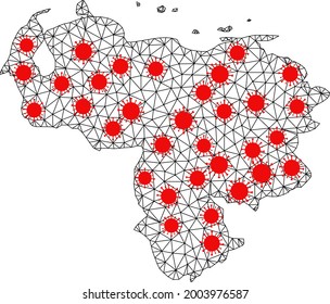 Mapa poligonal de armazón de alambre de Venezuela bajo bloqueo. La estructura vectorial se crea a partir del mapa de Venezuela con centros de cobertura roja. Las líneas y los virus se combinan en el mapa de Venezuela.