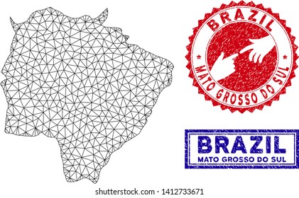 Wire frame polygonal Mato Grosso do Sul State map and grunge seal stamps. Abstract lines and circle dots form Mato Grosso do Sul State map vector model. Round red stamp with connecting hands.