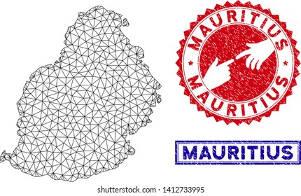 Wire frame polygonal Mauritius Island map and grunge seal stamps. Abstract lines and small circles form Mauritius Island map vector model. Round red stamp with connecting hands.