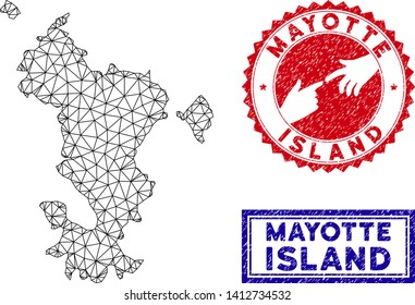 Wire frame polygonal Mayotte Island map and grunge seal stamps. Abstract lines and spheric points form Mayotte Island map vector model. Round red stamp with connecting hands.