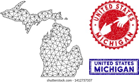 Wire frame polygonal Michigan State map and grunge seal stamps. Abstract lines and dots form Michigan State map vector model. Round red stamp with connecting hands.