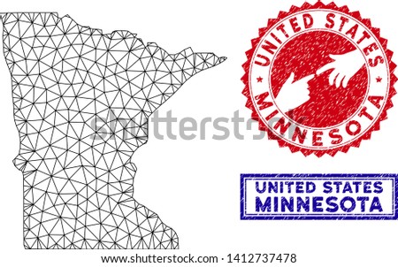 Wire frame polygonal Minnesota State map and grunge seal stamps. Abstract lines and dots form Minnesota State map vector model. Round red stamp with connecting hands.