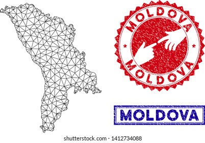 Wire frame polygonal Moldova map and grunge seal stamps. Abstract lines and points form Moldova map vector model. Round red stamp with connecting hands.
