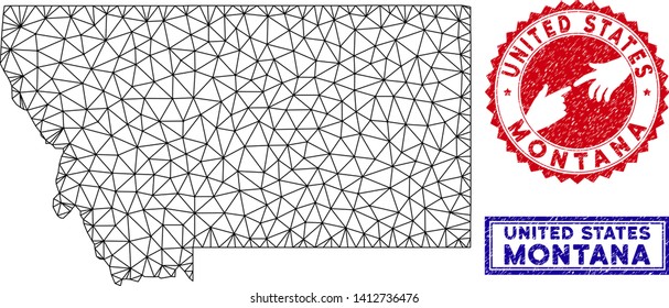 Wire frame polygonal Montana State map and grunge seal stamps. Abstract lines and dots form Montana State map vector model. Round red stamp with connecting hands.