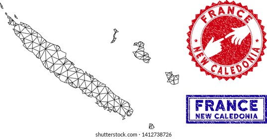 Wire frame polygonal New Caledonia Islands map and grunge seal stamps. Abstract lines and spheric points form New Caledonia Islands map vector model. Round red stamp with connecting hands.