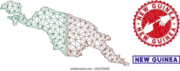Wire frame polygonal New Guinea countries map and grunge seal stamps. Abstract lines and small circles form New Guinea countries map vector model. Round red stamp with connecting hands.