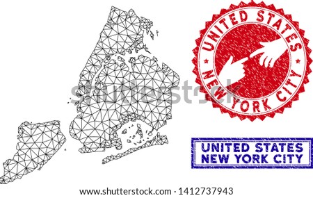 Wire frame polygonal New York City map and grunge seal stamps. Abstract lines and circle dots form New York City map vector model. Round red stamp with connecting hands.