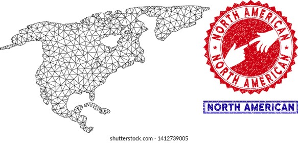 Wire frame polygonal North America map and grunge seal stamps. Abstract lines and circle dots form North America map vector model. Round red stamp with connecting hands.