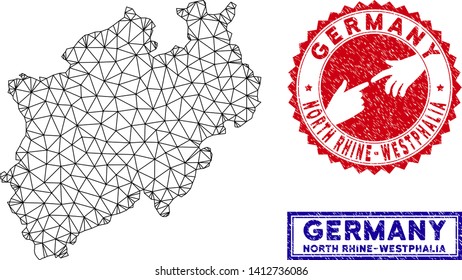 Wire frame polygonal North Rhine-Westphalia Land map and grunge seal stamps. Abstract lines and points form North Rhine-Westphalia Land map vector model. Round red stamp with connecting hands.