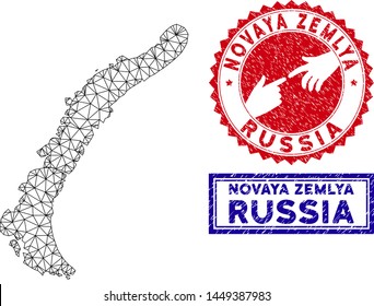 Wire frame polygonal Novaya Zemlya Islands map and grunge seal stamps. Abstract lines and circle dots form Novaya Zemlya Islands map vector model. Round red stamp with connecting hands.