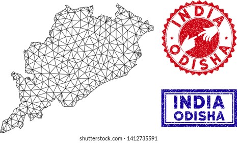 Wire frame polygonal Odisha State map and grunge seal stamps. Abstract lines and points form Odisha State map vector model. Round red stamp with connecting hands.